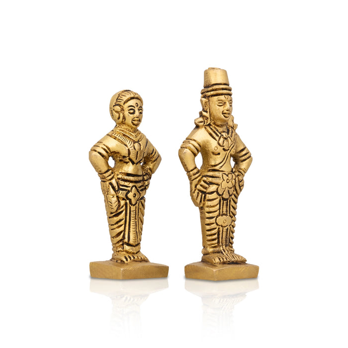 Pandurangan Rukmini Standing On Base Pair- 3 x 1.25 Inches | Antique Brass Idol/Vitthal Rukmini Murti For Pooja