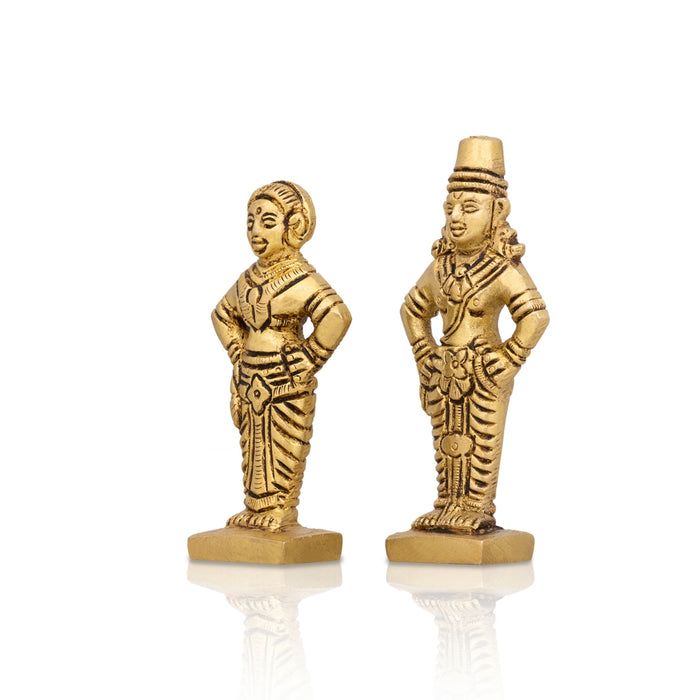 Pandurangan Rukmini Standing On Base Pair- 3 x 1.25 Inches | Antique Brass Idol/Vitthal Rukmini Murti For Pooja