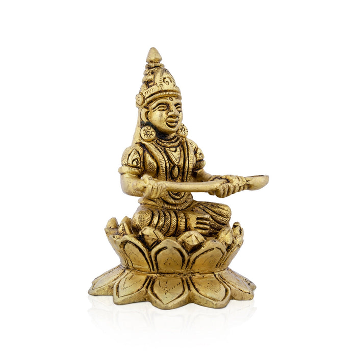 Annapurna Devi Sitting On Lotus Flower - 4 x 2.75 Inches | Antique Brass Idol/ Annapoorani Statue for Pooja