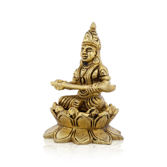 Annapurna Devi Sitting On Lotus Flower - 4 x 2.75 Inches | Antique Brass Idol/ Annapoorani Statue for Pooja