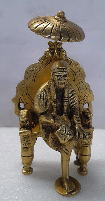 Saibaba - 6 Inches | Antique Brass Statue/ Saibaba Sitting on Singhasan/ Saibaba Idol for Pooja/ 745 Gms