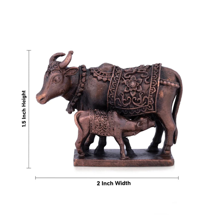 Kamdhenu Cow With Calf Idol With Base - 1.5 x 2 Inches | Copper Statue/ Cow And Calf Statue for Home Decor