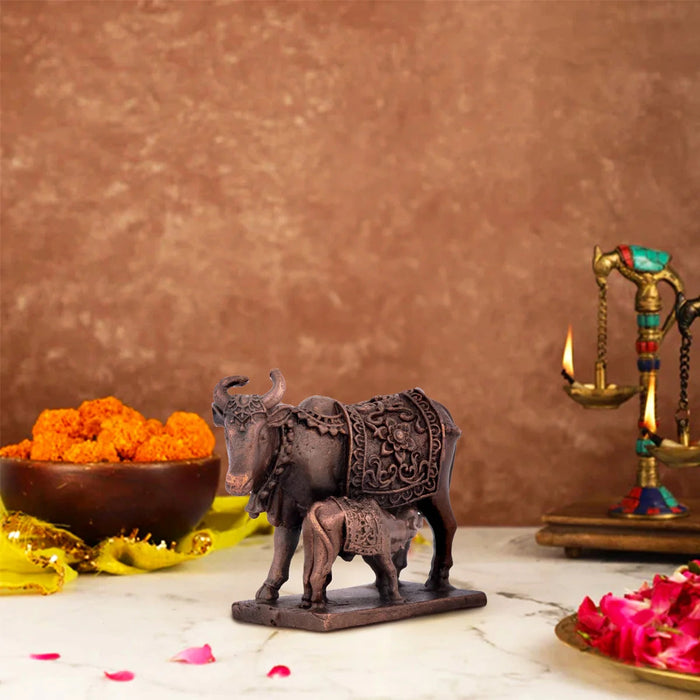 Kamdhenu Cow With Calf Idol With Base - 1.5 x 2 Inches | Copper Statue/ Cow And Calf Statue for Home Decor