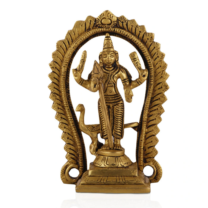 Balamurugan Statue With Peacock - 5 x 3.25 Inches | Antique Brass Idol/ Kartikeya Statue With Arch for Pooja