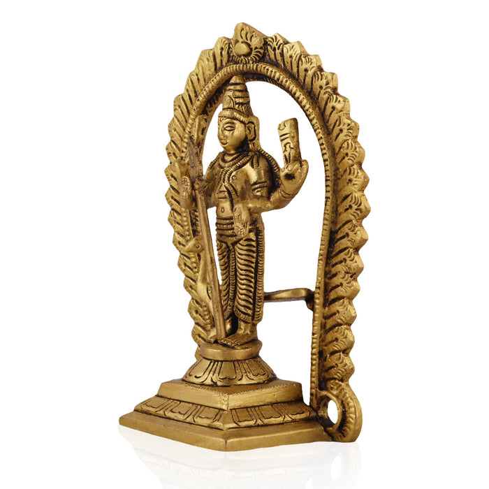 Balamurugan Statue With Peacock - 5 x 3.25 Inches | Antique Brass Idol/ Kartikeya Statue With Arch for Pooja