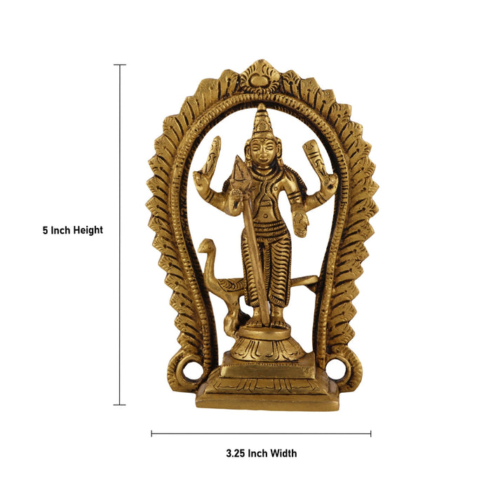 Balamurugan Statue With Peacock - 5 x 3.25 Inches | Antique Brass Idol/ Kartikeya Statue With Arch for Pooja