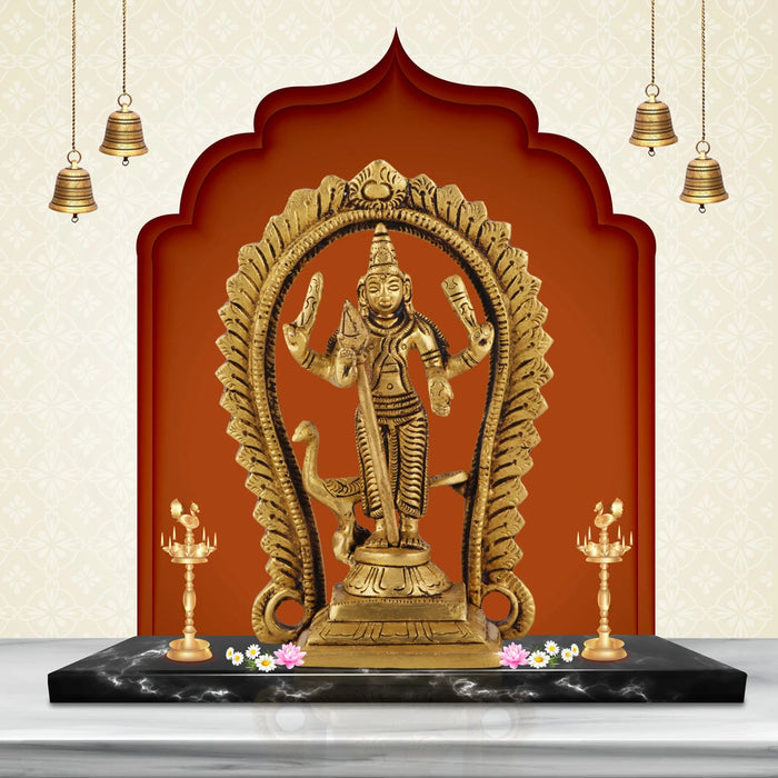 Balamurugan Statue With Peacock - 5 x 3.25 Inches | Antique Brass Idol/ Kartikeya Statue With Arch for Pooja