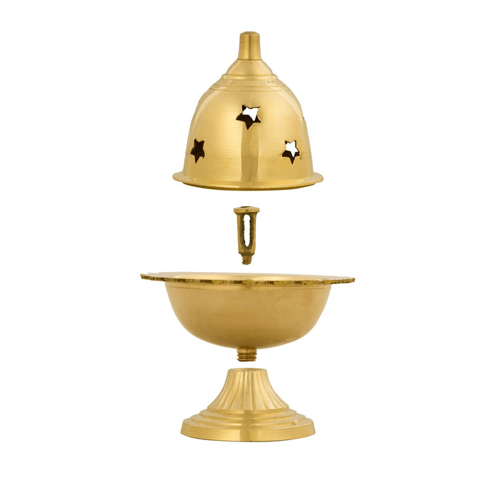 Amar Deep With Base - 4 x 3 Inches | Brass Lamp/ Brass Pooja Diya/ Brass Deepam Star Design Lid for Home