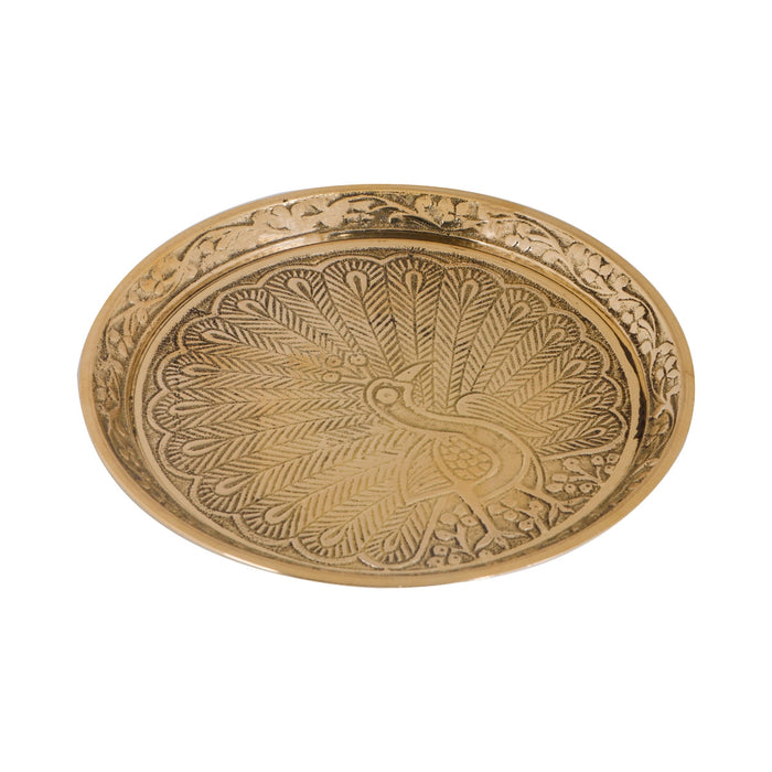 Brass Plate - 0.25 x 5 Inches | Peacock Design Pin Tray/ Pooja Asan/ Pooja Stand for Deity