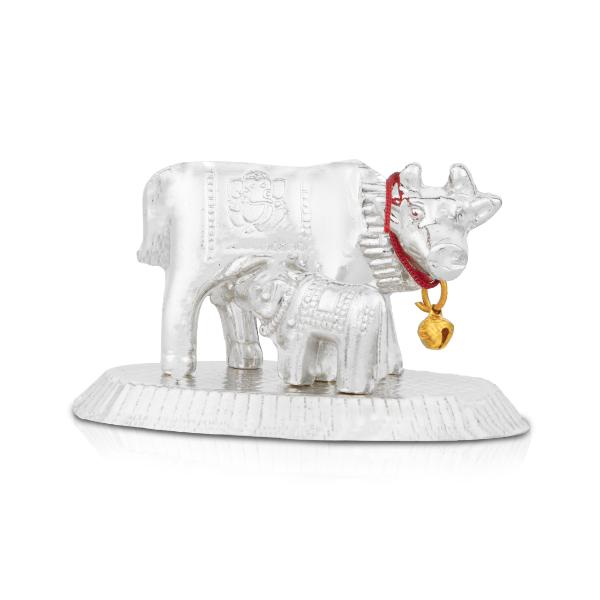 Cow With Calf Idol With Base - 2.5 x 3.5 Inches | White Metal Kamdhenu Cow And Calf Statue for Home Decor