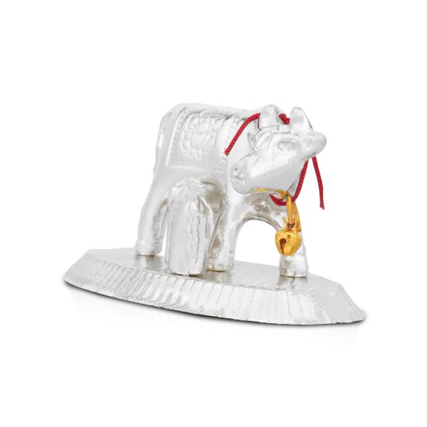 Cow With Calf Idol With Base - 2.5 x 3.5 Inches | White Metal Kamdhenu Cow And Calf Statue for Home Decor