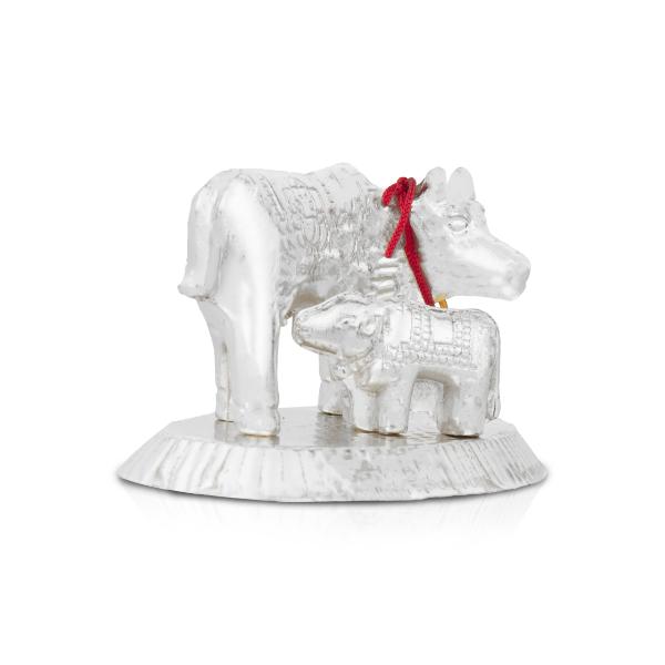 Cow With Calf Idol With Base - 2.5 x 3.5 Inches | White Metal Kamdhenu Cow And Calf Statue for Home Decor