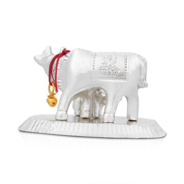 Cow With Calf Idol With Base - 2.5 x 3.5 Inches | White Metal Kamdhenu Cow And Calf Statue for Home Decor