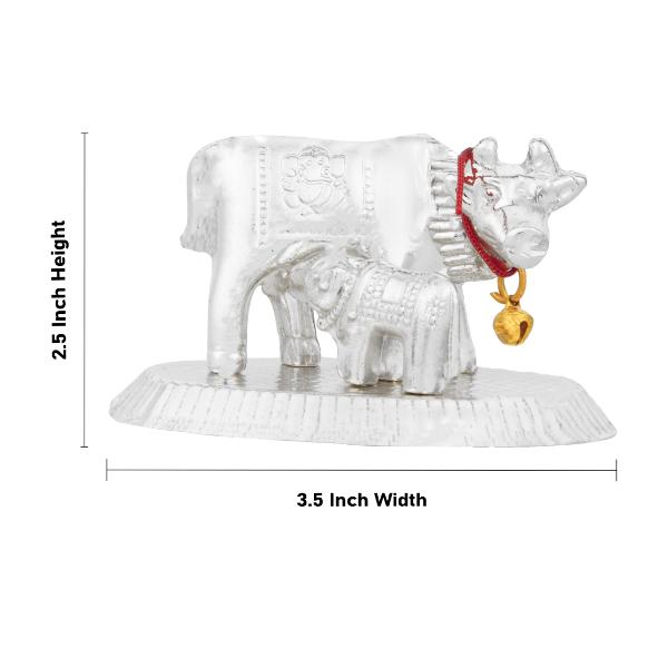 Cow With Calf Idol With Base - 2.5 x 3.5 Inches | White Metal Kamdhenu Cow And Calf Statue for Home Decor