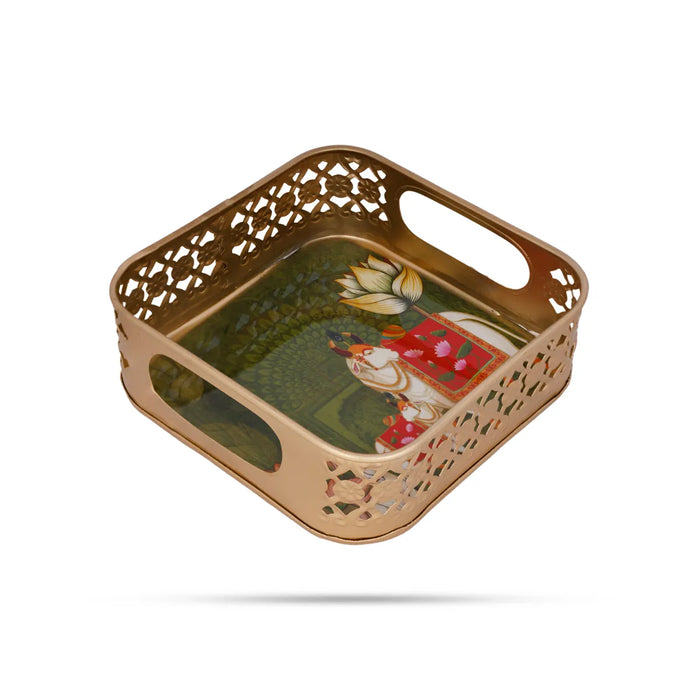 Cow Design Pichwai Tray - 2 X 6 Inches | Square Shape/ Thali Plate/Decorative Plate For Serving