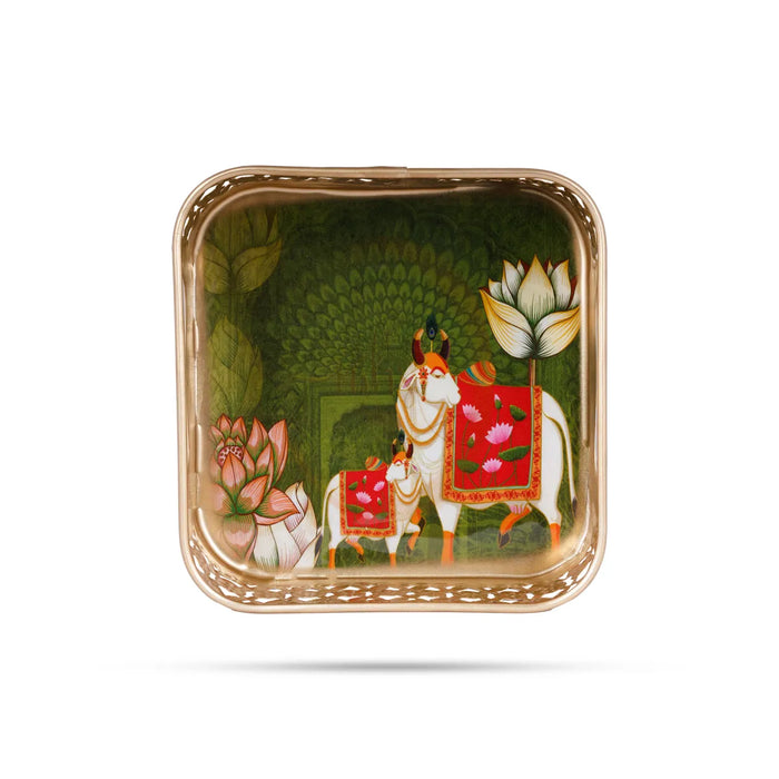 Cow Design Pichwai Tray - 2 X 6 Inches | Square Shape/ Thali Plate/Decorative Plate For Serving
