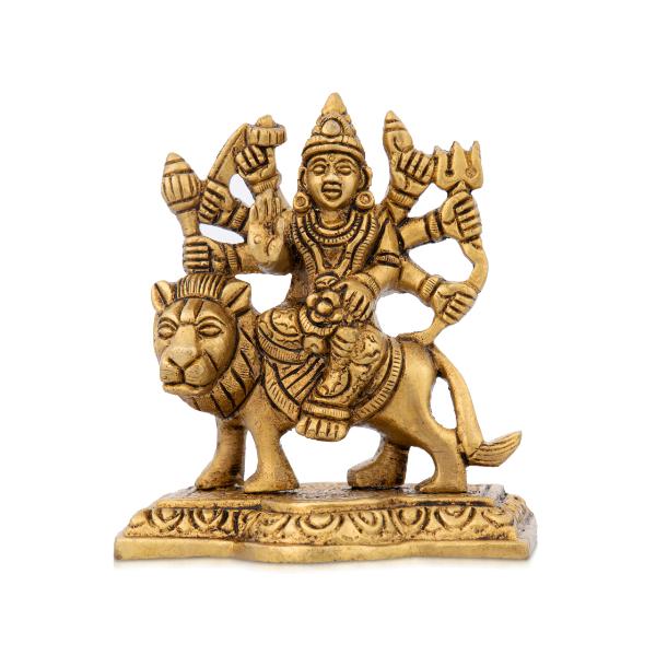 Durga Statue Sitting On Lion - 3.5 x 3 Inches | Antique Brass Idol/ Durga Idol With 8 Hands for Pooja