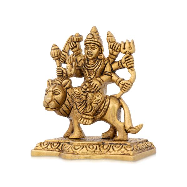 Durga Statue Sitting On Lion - 3.5 x 3 Inches | Antique Brass Idol/ Durga Idol With 8 Hands for Pooja