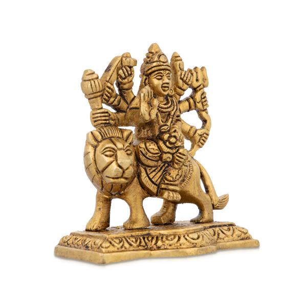 Durga Statue Sitting On Lion - 3.5 x 3 Inches | Antique Brass Idol/ Durga Idol With 8 Hands for Pooja