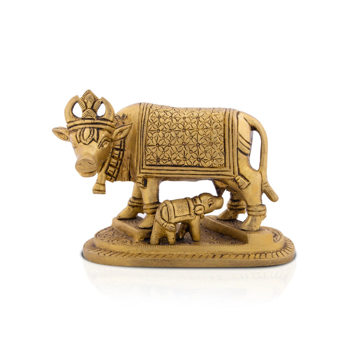Kamdhenu Cow With Calf Idol With Base- 4 x 4.75 Inches | Brass Idol/Antique Polish Cow And Calf Statue for Home