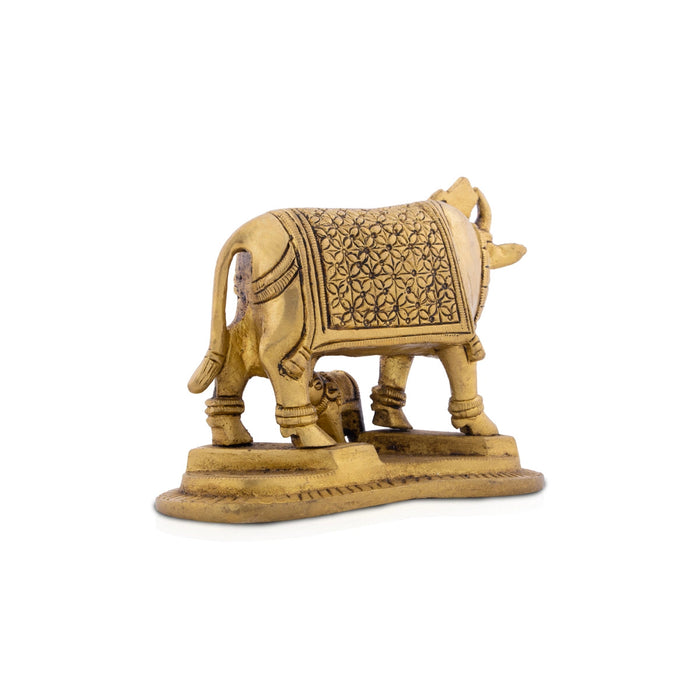 Kamdhenu Cow With Calf Idol With Base- 4 x 4.75 Inches | Brass Idol/Antique Polish Cow And Calf Statue for Home
