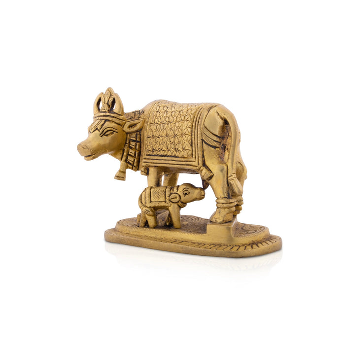 Kamdhenu Cow With Calf Idol With Base- 4 x 4.75 Inches | Brass Idol/Antique Polish Cow And Calf Statue for Home