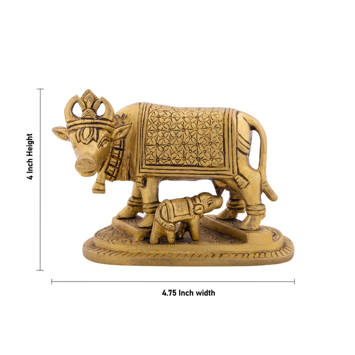 Kamdhenu Cow With Calf Idol With Base- 4 x 4.75 Inches | Brass Idol/Antique Polish Cow And Calf Statue for Home