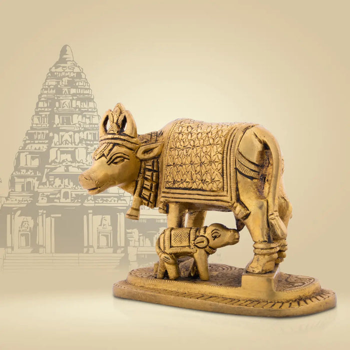 Kamdhenu Cow With Calf Idol With Base- 4 x 4.75 Inches | Brass Idol/Antique Polish Cow And Calf Statue for Home