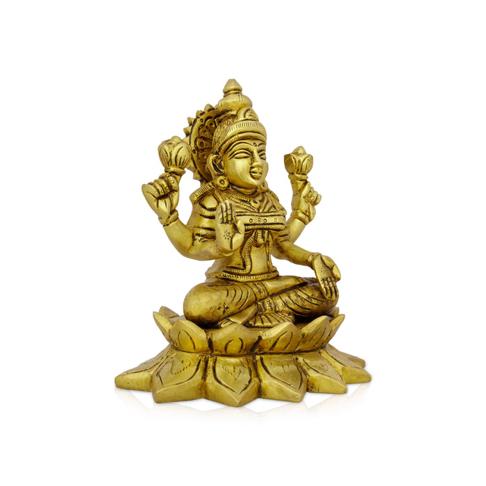 Lakshmi Idol Sitting On Lotus Base - 5.5 x 4.5 Inches | Antique Brass Idol/ Laxmi Murti for Pooja