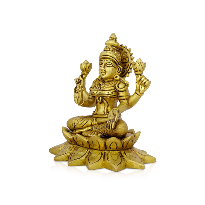 Lakshmi Idol Sitting On Lotus Base - 5.5 x 4.5 Inches | Antique Brass Idol/ Laxmi Murti for Pooja