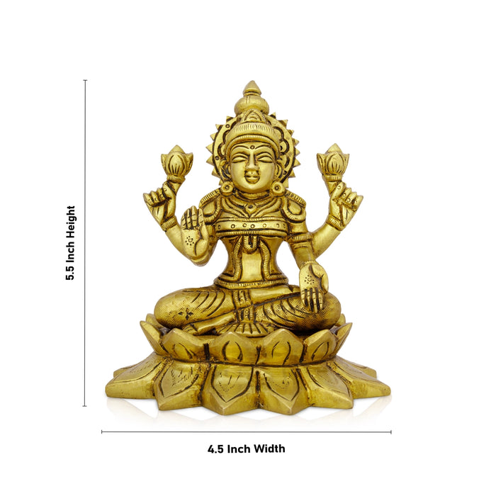Lakshmi Idol Sitting On Lotus Base - 5.5 x 4.5 Inches | Antique Brass Idol/ Laxmi Murti for Pooja
