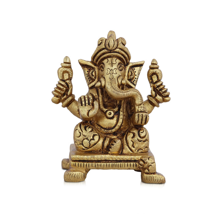 Ganesha Statue Sitting On Chowki - 4 x 3 Inches | Antique Brass Idol/ Vinayaka Idol/ Ganapathy Idol for Pooja