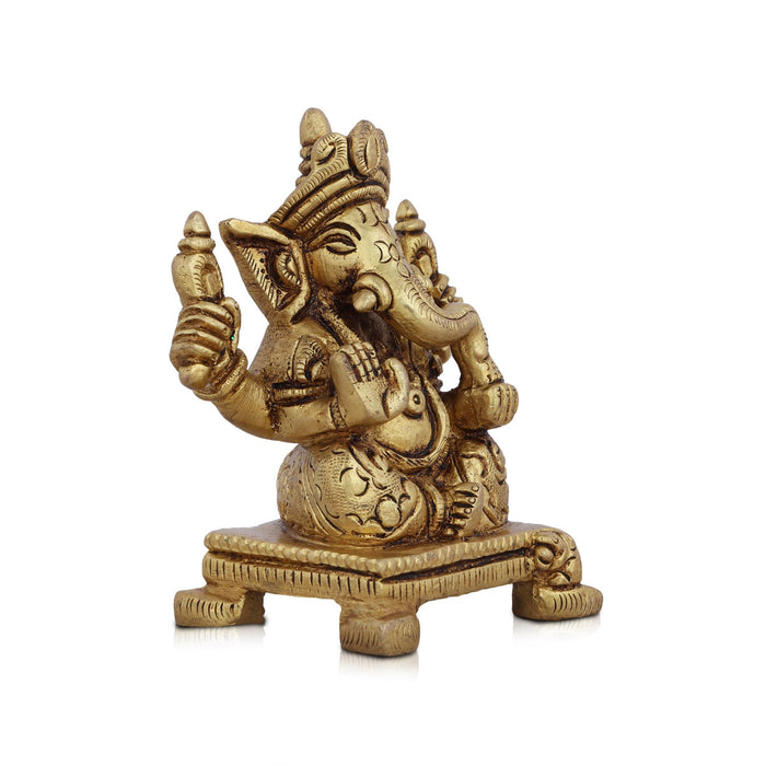Ganesha Statue Sitting On Chowki - 4 x 3 Inches | Antique Brass Idol/ Vinayaka Idol/ Ganapathy Idol for Pooja