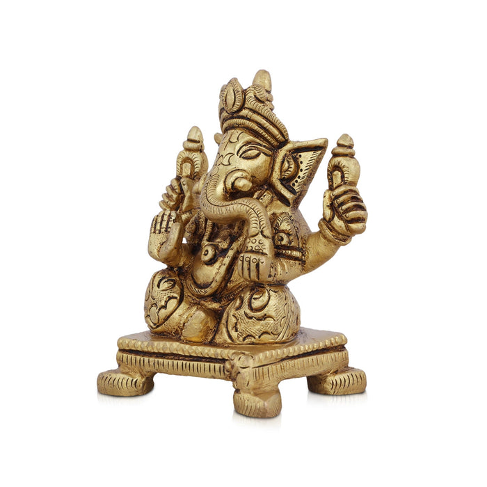 Ganesha Statue Sitting On Chowki - 4 x 3 Inches | Antique Brass Idol/ Vinayaka Idol/ Ganapathy Idol for Pooja