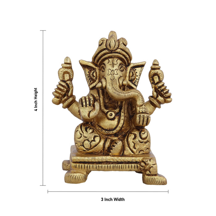 Ganesha Statue Sitting On Chowki - 4 x 3 Inches | Antique Brass Idol/ Vinayaka Idol/ Ganapathy Idol for Pooja