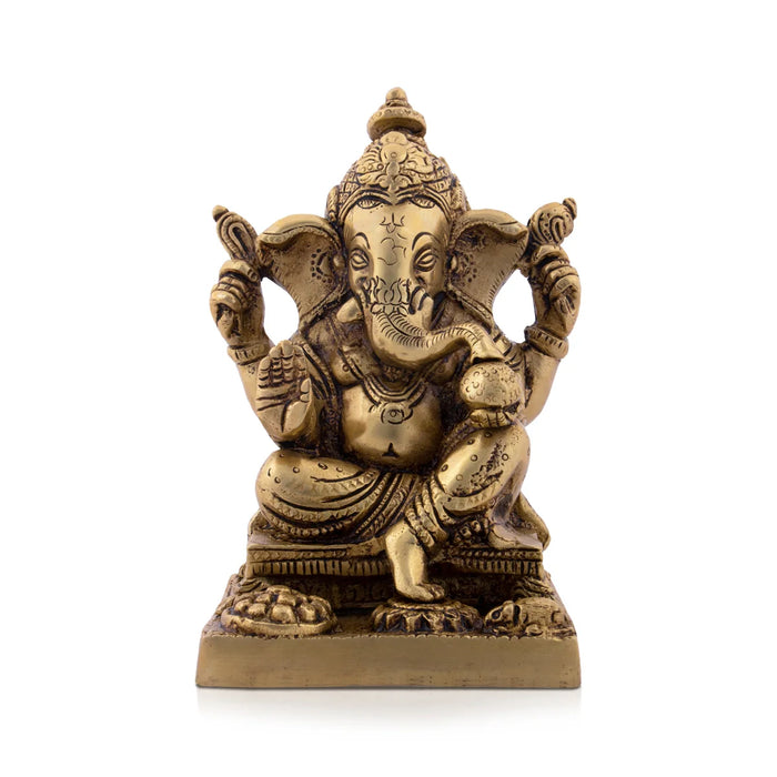 Ganesh Statue - 6.5 x 4 Inches | Antique Brass Statue/ Ganesh Murti Idol for Puja/ 2.31 Kgs Approx