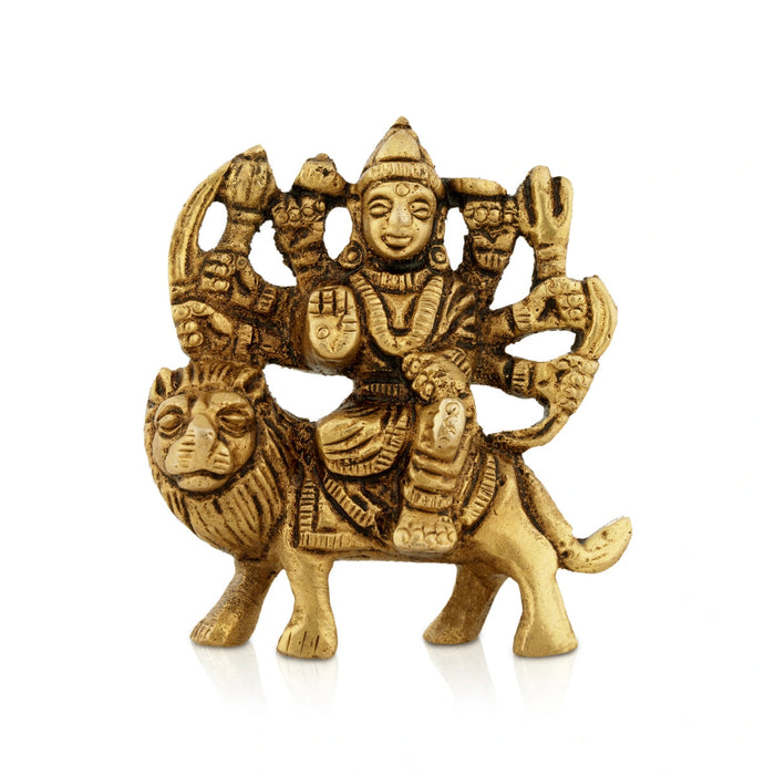 Durga Statue Sitting On Lion - 2.5 x 2.5 Inches | Antique Brass Idol/ Durga Idol With 8 Hands for Pooja