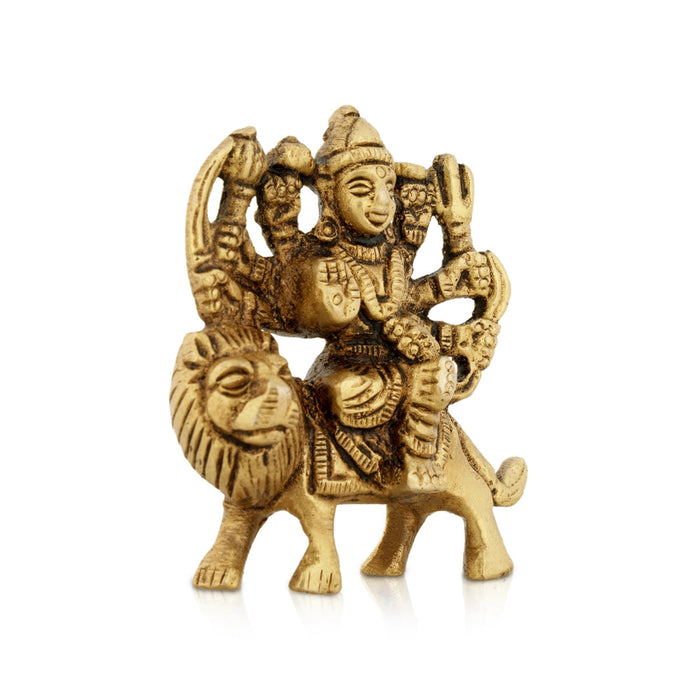 Durga Statue Sitting On Lion - 2.5 x 2.5 Inches | Antique Brass Idol/ Durga Idol With 8 Hands for Pooja