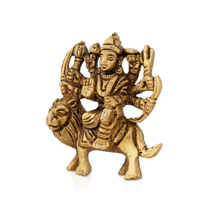 Durga Statue Sitting On Lion - 2.5 x 2.5 Inches | Antique Brass Idol/ Durga Idol With 8 Hands for Pooja