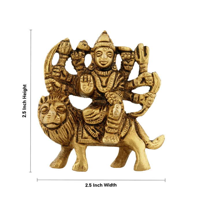 Durga Statue Sitting On Lion - 2.5 x 2.5 Inches | Antique Brass Idol/ Durga Idol With 8 Hands for Pooja