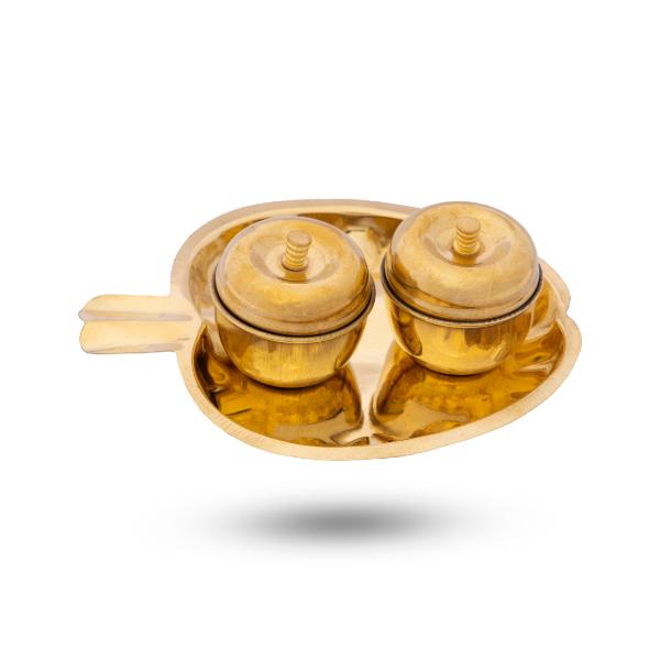 2 Kumkum Box With Plate - 1.5 x 5 Inches | Brass Kumkum Bharani/ Leaf Design Sindoor Pot for Pooja