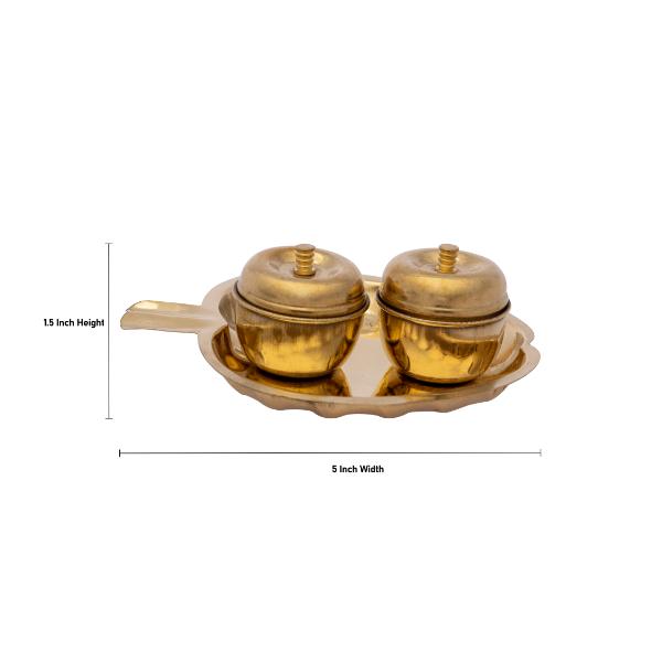 2 Kumkum Box With Plate - 1.5 x 5 Inches | Brass Kumkum Bharani/ Leaf Design Sindoor Pot for Pooja