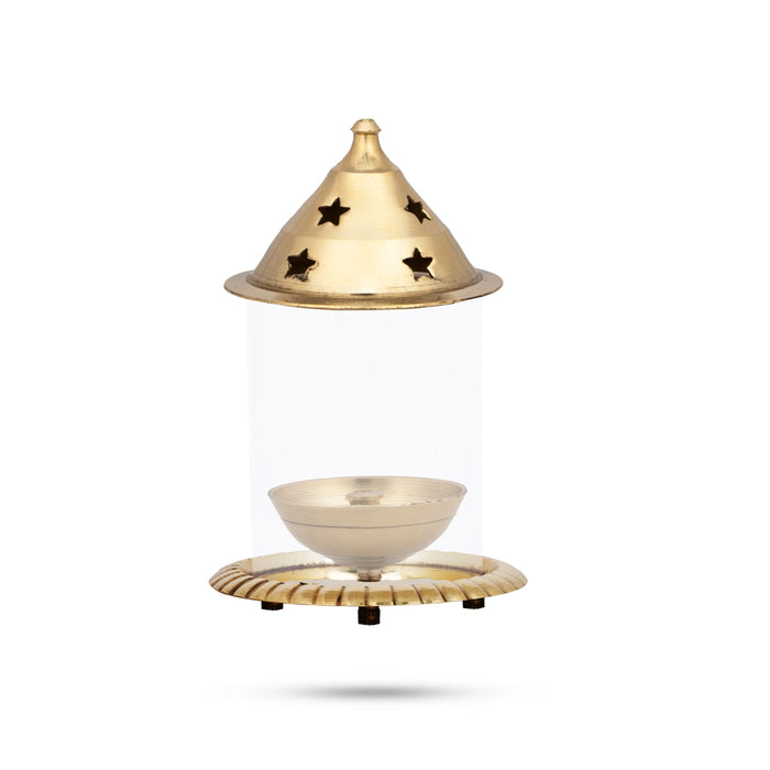 Udupi Glass Lamp - 3 x 2.5 Inches | Traditional Oil Lamp/ Brass Diya with Glass Cover for Pooja Decor