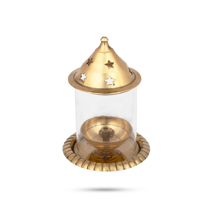 Udupi Glass Lamp - 3 x 2.5 Inches | Traditional Oil Lamp/ Brass Diya with Glass Cover for Pooja Decor