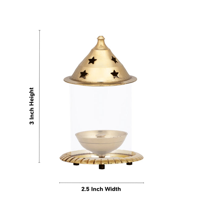 Udupi Glass Lamp - 3 x 2.5 Inches | Traditional Oil Lamp/ Brass Diya with Glass Cover for Pooja Decor