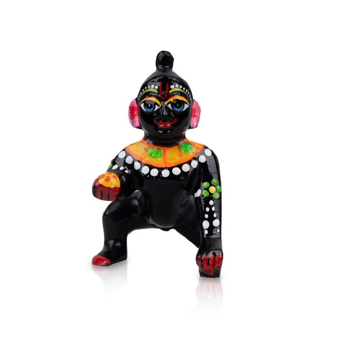 Crawling Krishna Statue - 4 x 3 Inches | Antique Brass Idol/ Painted Laddu Gopal Murti for Pooja