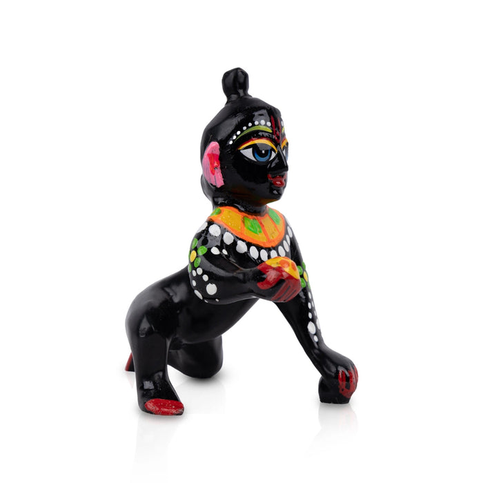 Crawling Krishna Statue - 4 x 3 Inches | Antique Brass Idol/ Painted Laddu Gopal Murti for Pooja