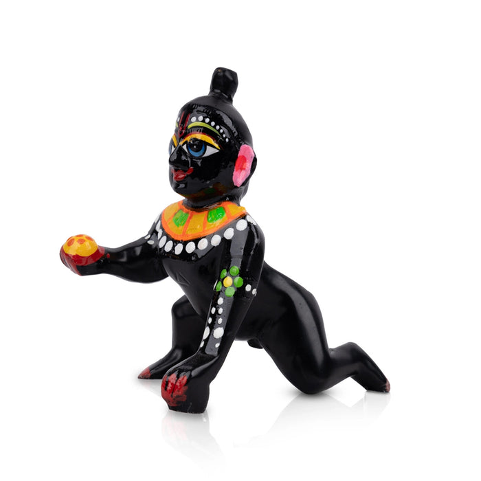 Crawling Krishna Statue - 4 x 3 Inches | Antique Brass Idol/ Painted Laddu Gopal Murti for Pooja