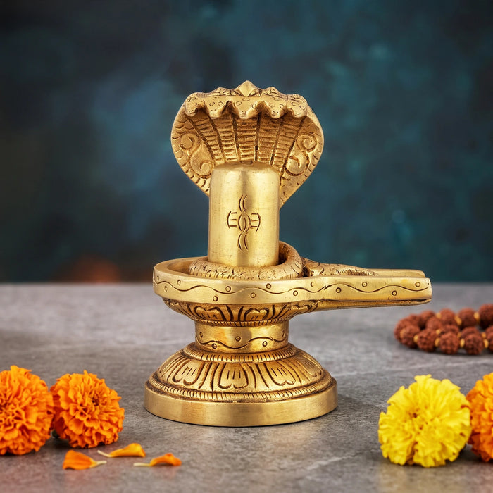 Shiv Ling with Nagam Murti - 4.5 x 3.5 Inches | Antique Brass Idol/ Shivalingam With Nag Statue