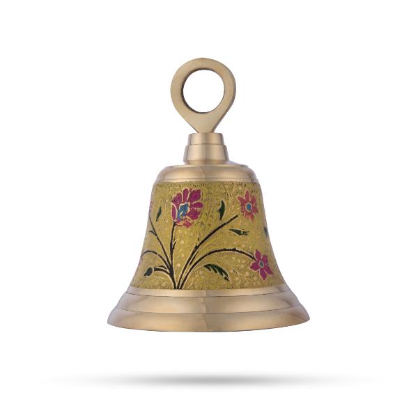 Temple Bell With Chain - 7 x 5 Inches | Enamel Design Prayer Bell/ Ritual Bell/ Brass Bell for Pooja